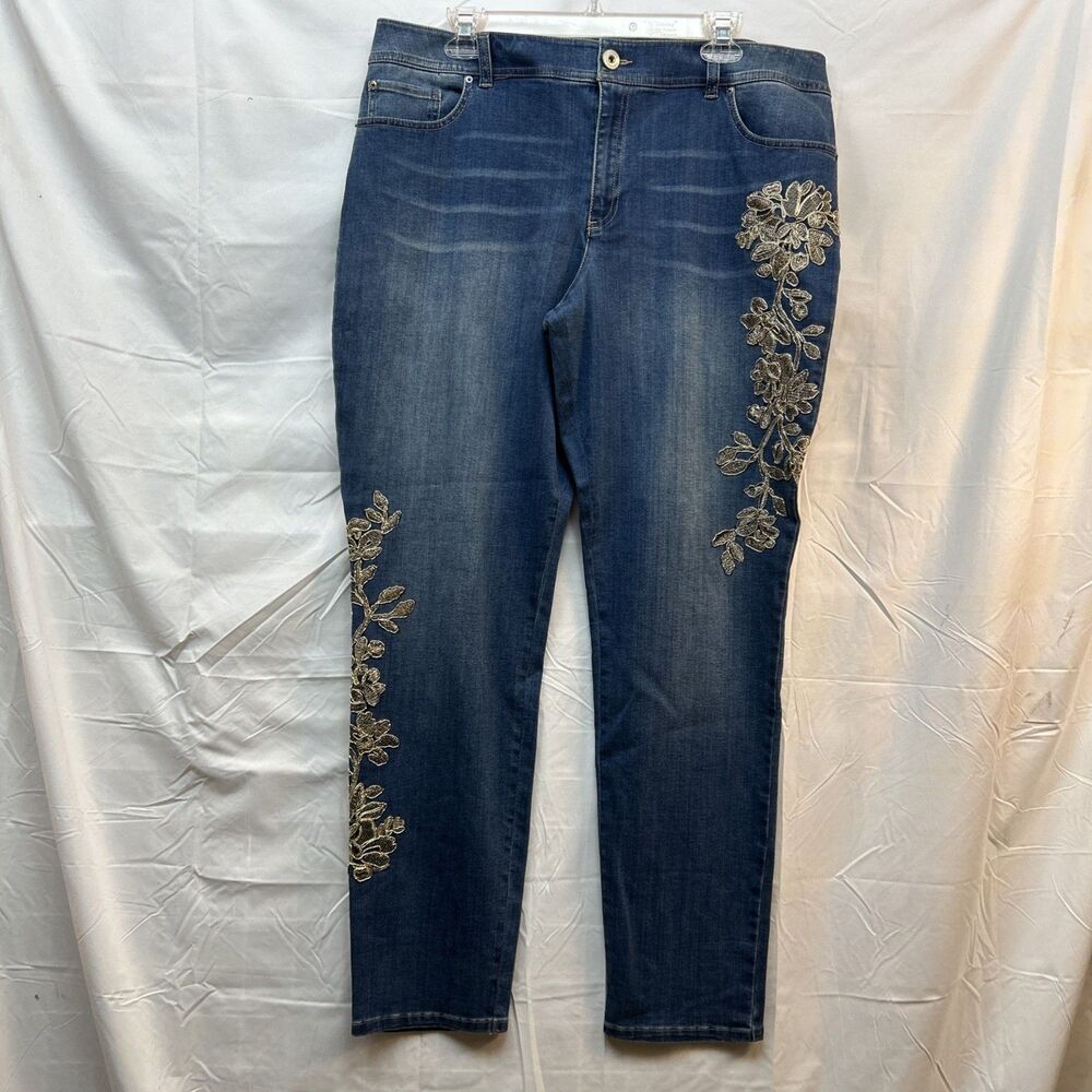INC Jeans Women’s 18 NWT Skinny Indigo Gold Floral Embroidery Denim Plus Size